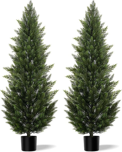 Outdoor Artificial Cedar Topiary Tree, Faux Evergreen Shrubs for Front Porch Decor, Lifelike Fake Bushes Plants for Home Living Room Front Door Decor (2, 6ft)