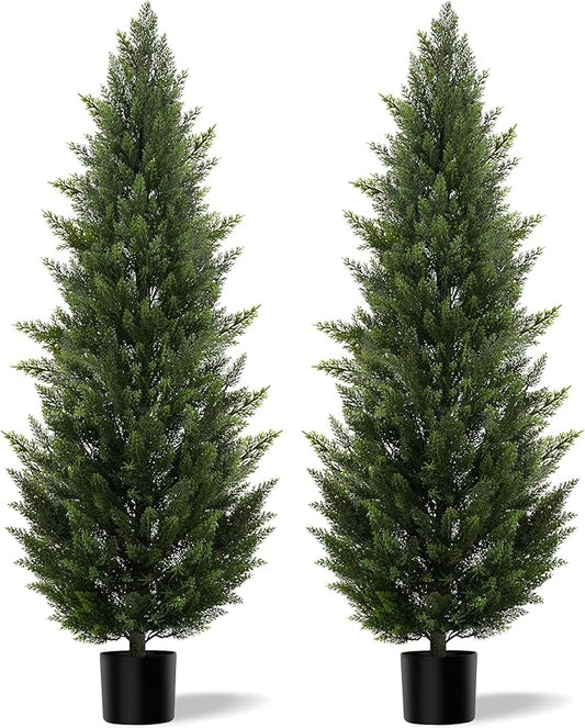 Outdoor Artificial Cedar Topiary Tree, Faux Evergreen Shrubs for Front Porch Decor, Lifelike Fake Bushes Plants for Home Living Room Front Door Decor (2, 6ft)