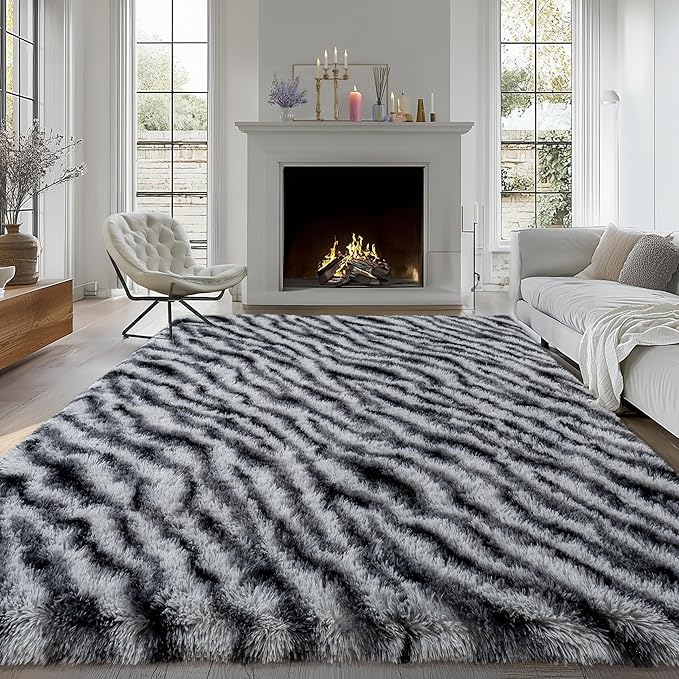 Fluffy Rugs for Bedroom Living Room, 4x6 Feet Zebra Black and White Shag Area Rug for Kids Girls Boys Dorm Nursery, Soft Non-Slip Modern Fuzzy Plush Carpet for Indoor Home Decor