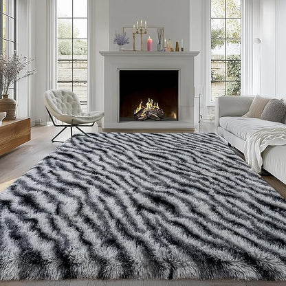 Fluffy Rugs for Bedroom Living Room, 4x6 Feet Zebra Black and White Shag Area Rug for Kids Girls Boys Dorm Nursery, Soft Non-Slip Modern Fuzzy Plush Carpet for Indoor Home Decor