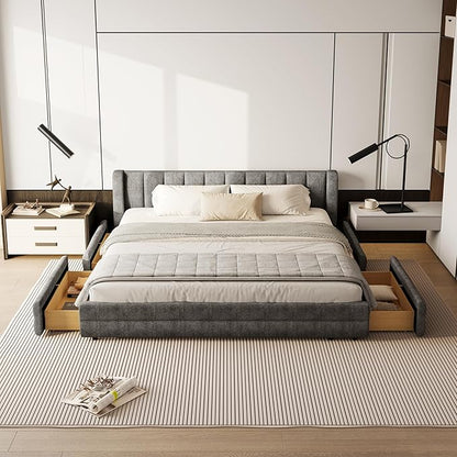 DEINPPA King Size Bed Frame with 4 Storage Drawers and Cloud Soft Headboard, Chenille Upholstered Grounded Wood Base Bed Frame, No Box Spring Needed-Dark Grey