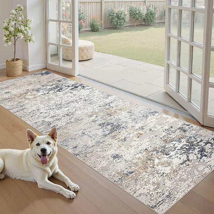 Washable Runner Rug for Hallway: 3x8 Neutral Modern Abstract Low Pile Area Rug with Non-Slip Backing - Carpet for Bedroom Kitchen Laundry Entryway Bathroom Indoor - Beige Blue