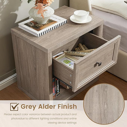 Farmhouse Night Stand Set of 2, Grey Nightstands with Drawer Storage, Wood Large Side Tables End Table, 22.6" Wide Bedside Tables Night Stands for Bedroom Room Sofa Couch Office