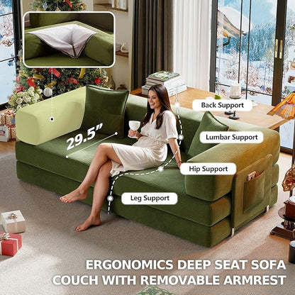 78.8" Convertible Sofa Bed,Corduroy Futon Couch with Storage Pocket,Folding Pull Out Futon Sofa,No Assembly Boneless Couch for Living Room,Green