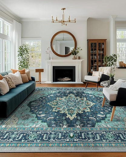 Area Rugs 10'x12' Washable Non-Slip, Floral Vintage Distress Print Pattern Medallion Carpet for Living Room Bedroom Dining Room, Teal Green Lake Blue Turquoise