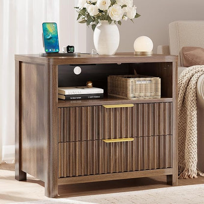 CypBed Night Stand with Charging Station, Bedside Tables with 2 Drawers & Storage Shelf, Wood Fluted Nightstand with Rounded Corner Design, Modern End Table for Bedroom, Easy Assembly