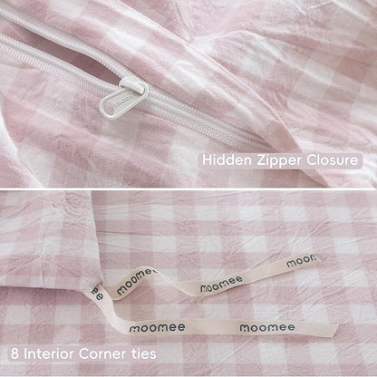 MooMee Gingham Duvet Cover Set 100% Washed Cotton Linen Like Textured Breathable Durable Soft Comfy Modern Checkered Design (Classic Gingham Greyish Pink, Full 80"x90")