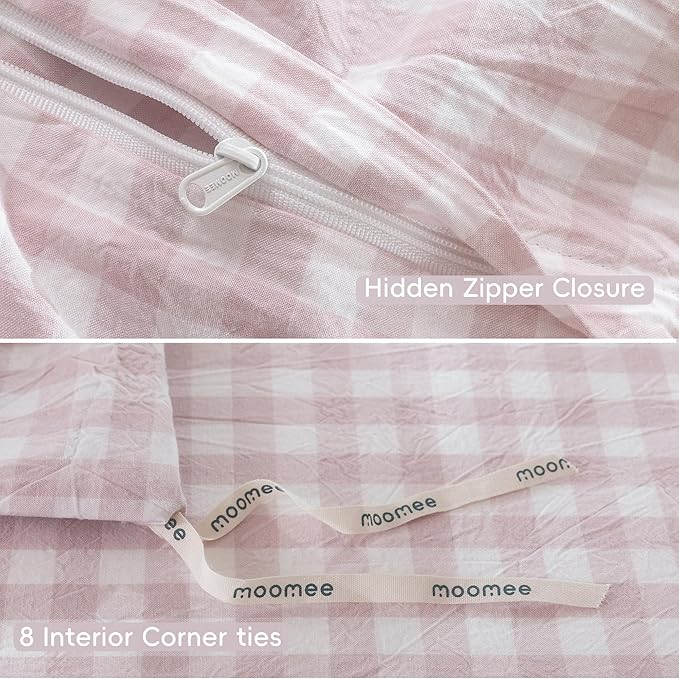 MooMee Gingham Duvet Cover Set 100% Washed Cotton Linen Like Textured Breathable Durable Soft Comfy Modern Checkered Design (Classic Gingham Greyish Pink, Queen 90"x90")