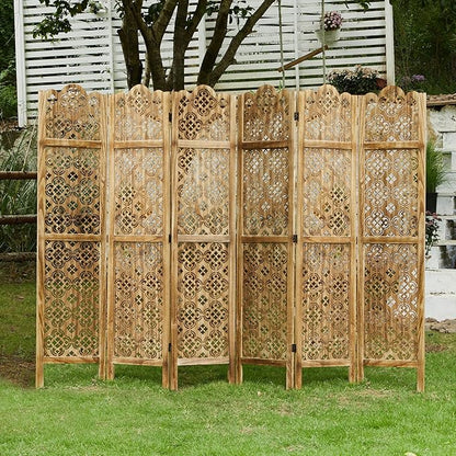 68.9Inch Folding Room Divider, 6 Panels Wood Carved Privacy Screens, Free Assembled Privacy Screen Decorative Partition for Home Office Restaurant (Dark Brown)