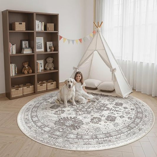 zesthome 8ft Round Rugs for Living Room, Non-Slip Washable Round Area Rugs, Ultra-Thin Large Circle Rugs, Soft Low Pile Rug for Bedroom, Kitchen - Vintage Stain Resistant Round Rug (Brown/Beige,8'x8')
