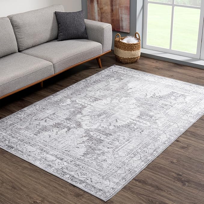 Bloom Rugs Washable 8' x 10' Rug - Ivory/Silver Gray Traditional Area Rug for Living Room, Bedroom, Dining Room, and Kitchen - Exact Size: 8' x 10'