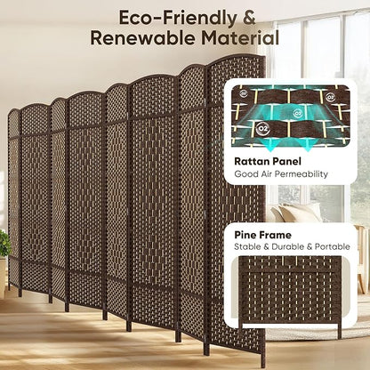 JOSTYLE 6ft. Tall Extra Wide Folding Privacy Screens with Diamond Double-Weave and Freestanding Room Dividers (Brown, 8-Panel)