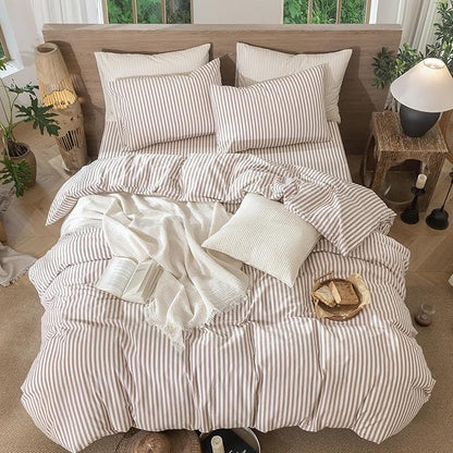 MooMee Striped Duvet Cover Set 100% Washed Cotton Linen Like Textured Breathable Durable Soft Comfy (Orange Classic Stripes, King 104"x90")