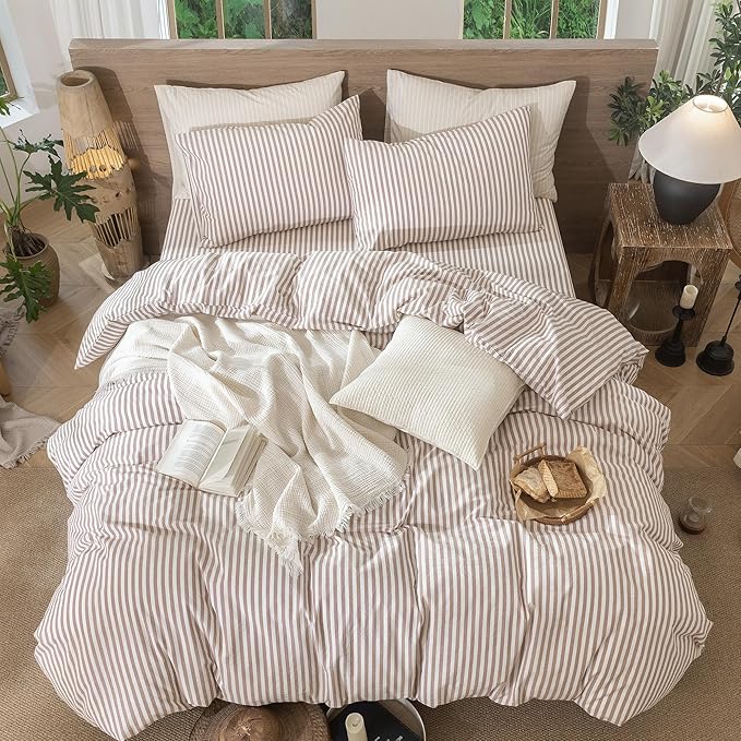 MooMee Striped Duvet Cover Set 100% Washed Cotton Linen Like Textured Breathable Durable Soft Comfy (Orange Classic Stripes, Queen 90"x90")