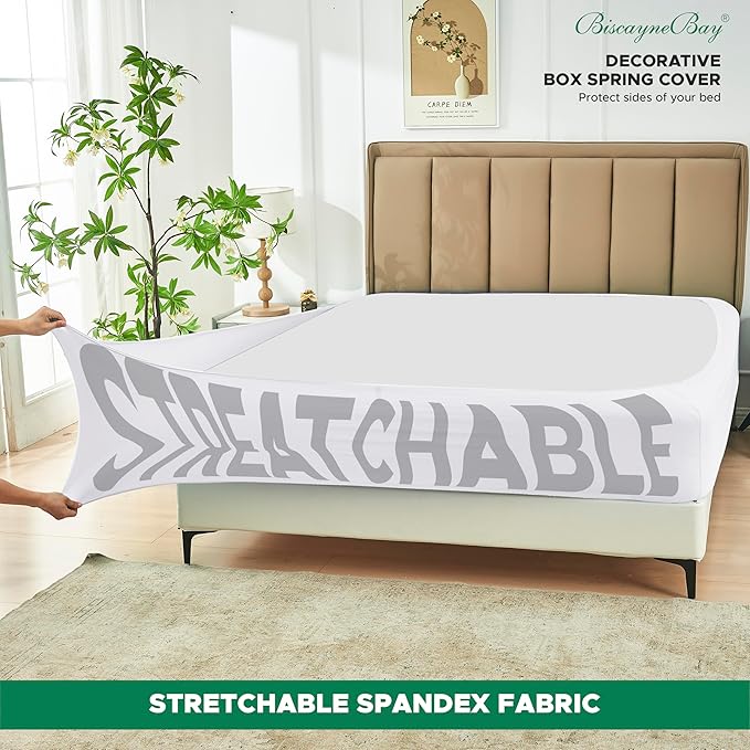 Biscaynebay Decorative Box Spring Cover Full & Full XL Size, White Luxurious Jersey Knitting Stretchy Wrap Around 4 Sides Bed Skirt for Home/Hotels, Easy Fit Wrinkle & Fade Free Machine Washable