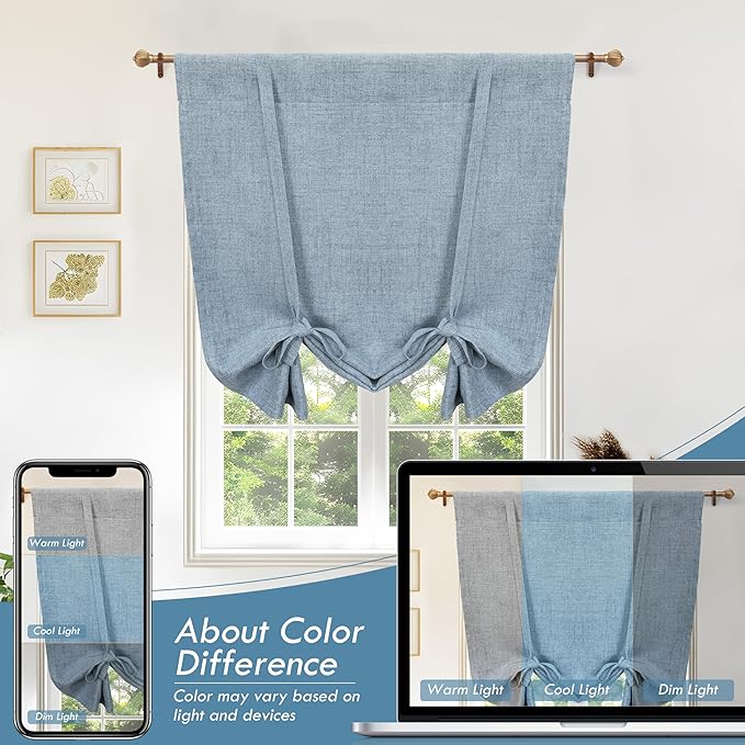 DriftAway Double Layer Linen Blackout Tie Up Curtains Thermal Insulated Fully Lined Balloon Roman Shade Bathroom Window Adjustable Rod Pocket for Small Window 39 Inch by 55 Inch Dusty Blue