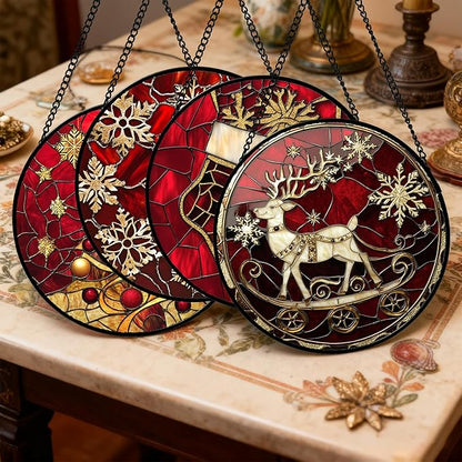 Stained Glass Window Hanging 4 Pcs Set Red Christmas Elk Snowflakes 6.3" - Deer Suncatcher Door Garden Sun Catcher Decor Birthday for Mom Woman Nana Men Friend