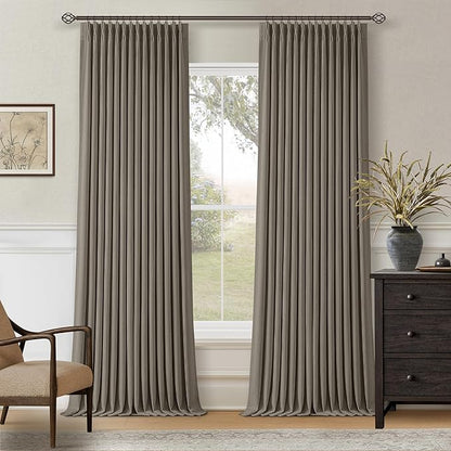 Desert Taupe Pinch Pleated Blackout Curtains 108 Inches Long for Bedroom 100% Black Out Thick Linen Dual Layer Pleated Drapes Farmhouse Country Brownish Gray 108 Inch Curtain for Dining Living Room