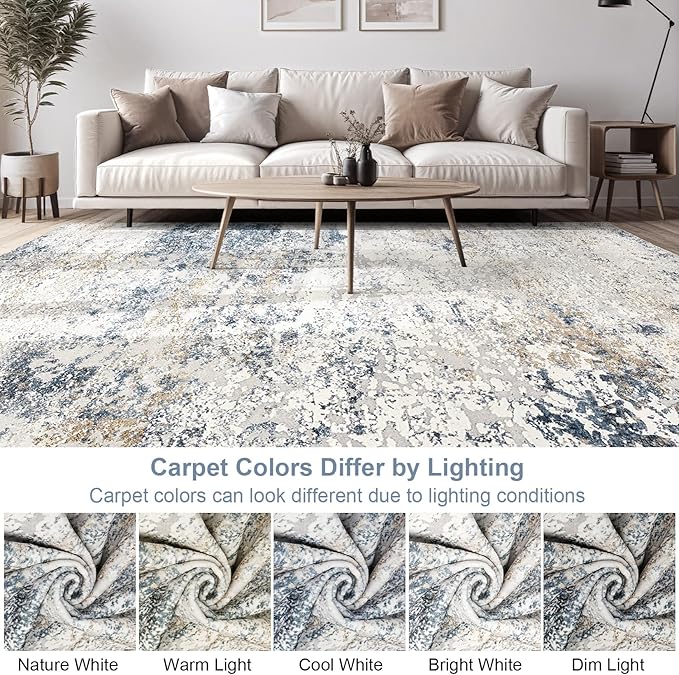 Area Rug Living Room Rugs - 10x13 Large Soft Indoor Neutral Modern Abstract Low Pile Washable Rug Carpet for Bedroom Dining Room Farmhouse Home Office - Beige Blue