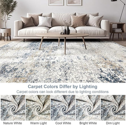 Area Rug Living Room Rugs - 10x13 Large Soft Indoor Neutral Modern Abstract Low Pile Washable Rug Carpet for Bedroom Dining Room Farmhouse Home Office - Beige Blue
