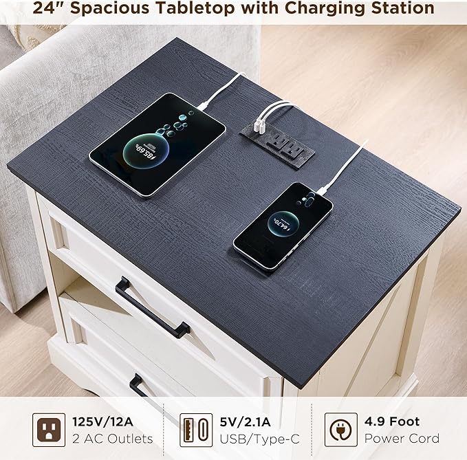 ACCOHOHO 24" Farmhouse Nightstand with Charging Station, 2 Drawers Large Bedside Table with Open Shelf, Rustic End Table for Bedroom - White
