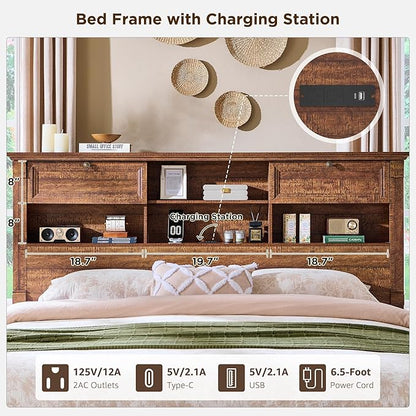 Farmhouse Queen Size Bed Frame with 54" Tall Headboard, Headboard with 4 Storage Rack, 2 Drawers, Wood Platform Bed Frame,18" Roman Column Decoration Footboard,No Box Spring Needed(Reclaimed Barnwood)