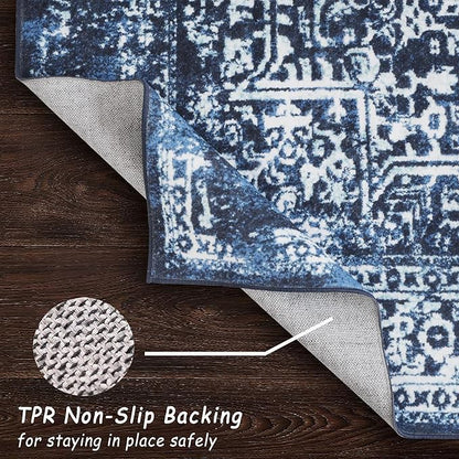 vivorug 4x6 Area Rugs, Stain Resistant Washable Rug for Living Room, Vintage-Inspired (Navy Blue, 4'x6')