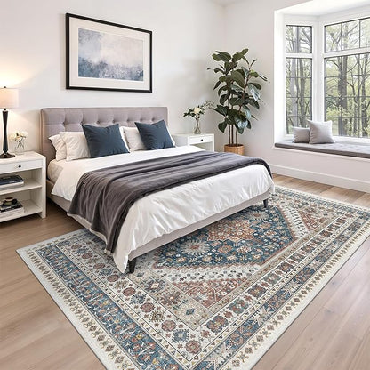 zesthome 6x9 Area Rug, Super Soft Washable Rugs for Living Room, Non-Slip Stain Resistant Vintage Rugs, Ultra-Thin Large Area Rugs (Navy Blue/Red,6'x9')