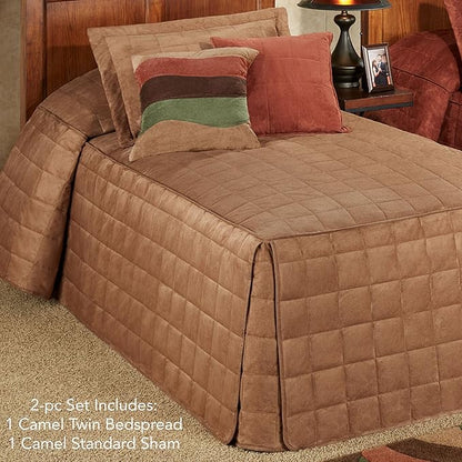 Touch of Class Camden Luxury Bedding | Neutral Camel Color | Classic Fitted Bedspread | Faux Suede Box Quilted Design | Designed 2 Piece Set Includes Twin Bedspread and 1 Standard Sham