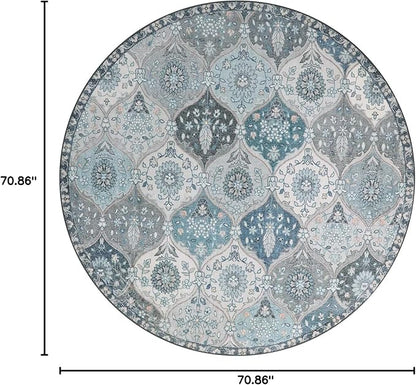 Lahome Moroccan Trellis Washable Round Area Rug, Soft Round Rugs 6ft Ultra-Thin Non-Slip, Vintage Large Circle Carpet for Bedroom Living Room Kitchen Nursery, Blue