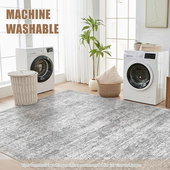 Area Rug Living Room Rugs - 9x12 Abstract Large Soft Indoor Washable Rug Neutral Modern Low Pile Carpet for Bedroom Dining Room Farmhouse Home Office - Vintage Grey