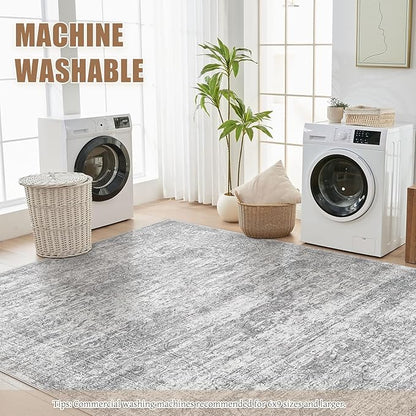 Area Rug Living Room Rugs - 9x12 Abstract Large Soft Indoor Washable Rug Neutral Modern Low Pile Carpet for Bedroom Dining Room Farmhouse Home Office - Vintage Grey