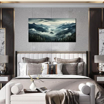 Large Living Room Wall Art Foggy Green Forest Artwork for Bedroom Home Office Nature Pictures Modern Wall Art Framed Canvas Prints 20x40 Inch