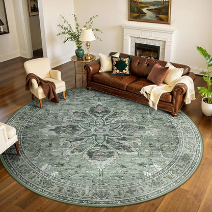 Area Rugs 8ft Washable Non-Slip, Floral Vintage Distress Print Pattern Medallion Carpet for Living Room Bedroom Dining Room, Dark Green Gray