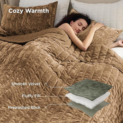 Bedsure Velvet Quilt Queen Size Set - Lightweight Velvet Comforter Queen, Luxury Bedspread Coverlet, Ultra-Soft Winter Bedding Set with 2 Pillow Shams, 90"x96", Caramel Gold