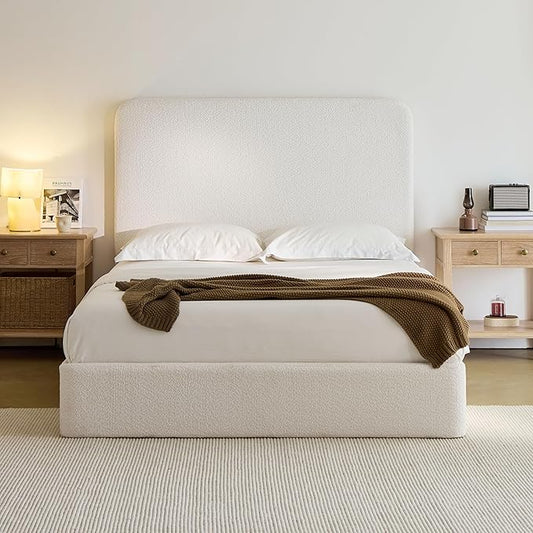 Queen Size Upholstered Bed Frame, 52" High Headboard Wingback Bedframes, Canter Tall Headboard Floor Platform Beds, No Box Spring Needed No Noise/Easy Assembly/Minimalist, Pearl White Chenille