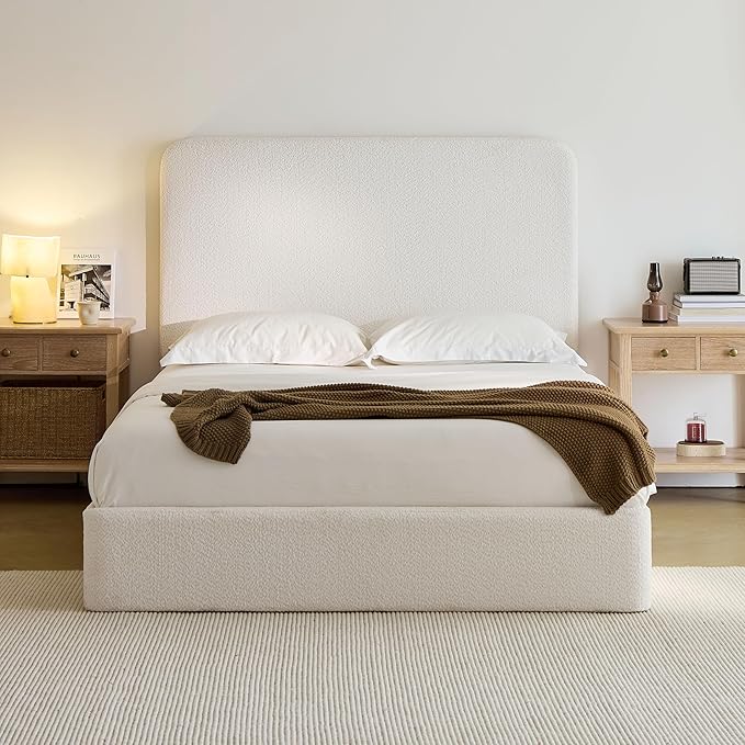 King Size Upholstered Bed Frame, 52" High Headboard Wingback Bedframes, Canter Tall Headboard Floor Platform Beds, No Box Spring Needed No Noise/Easy Assembly/Minimalist, Pearl White Chenille