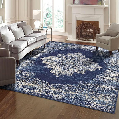 vivorug 3x5 Rug, Small Area Rug for Living Room, Bedroom, Kitchen, Machine Washable Non-Slip Throw Rug, Vintage Carpet for Entryway Nursery Coffee Table - Durable (Navy Blue)
