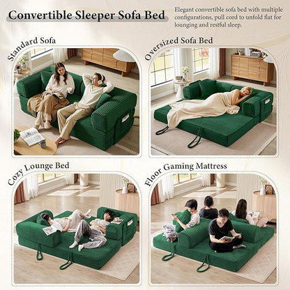 Boneless Couch Folding Couches for Living Room Sofa, Futon Sofa Bed with Sleeper Sofa, Futon Couch with Fixed-Shape Oversized Corduroy Upholstered (Green, 81 Inches)