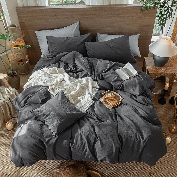 MooMee Wavy Striped Duvet Cover Set 100% Washed Cotton Linen Like Textured Breathable Durable Soft Comfy (Charocal Grey, Cal King 104"x98")