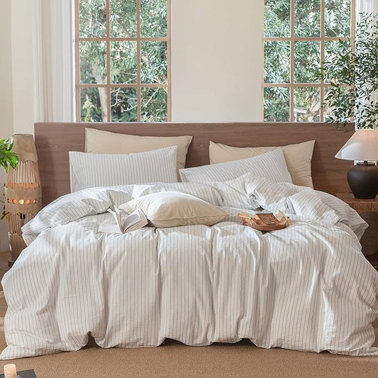 MooMee Striped Duvet Cover Set 100% Washed Cotton Linen Like Textured Breathable Durable Soft Comfy (White Cornflower Blue Wide Stripes, Super Queen 90"x98")