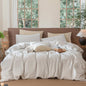 MooMee Striped Duvet Cover Set 100% Washed Cotton Linen Like Textured Breathable Durable Soft Comfy (White Cornflower Blue Wide Stripes, Super King Plus 120"x120")