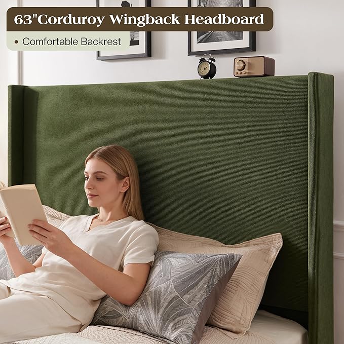 Queen Bed Frame with 63" Tall Headboard, Horizontal Fine Corduroy Bed Frame with Wingback, Upholstered Platform Bed, Vintage Solid Wood Gourd Legs, No Box Spring Needed, Green