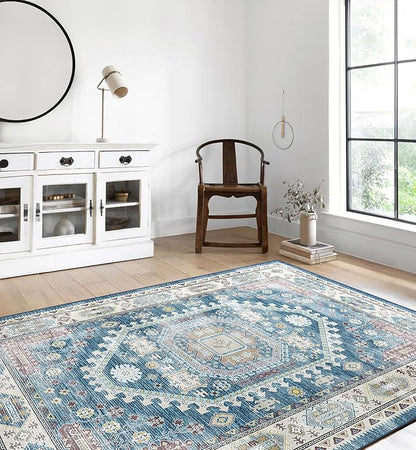 vivorug 9x12 Area Rugs for Living Room, Non Slip Machine Washable Vintage Rug, Ultra-Thin Lightweight Large Area Rug for Bedroom, Dining Room, Low Pile Blue