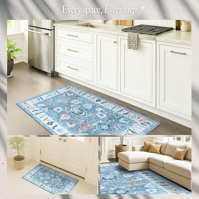 Fame Rugs Teal Modern Oushak Rug 2'6"x7', Washable Vintage Turkish Colorful Oriental Antique Inspired Foldable Small Runner Rugs, Luxury Living Room Bedroom (995T, 2'6" x 7')