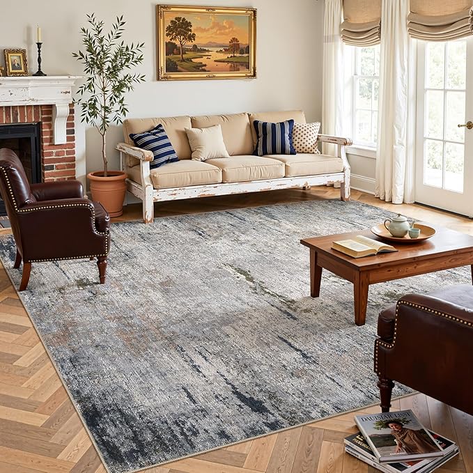 Area Rug Living Room Rugs - 10x14 Washable Large Soft Indoor Neutral Modern Abstract Low Pile Rug Carpet for Bedroom Dining Room Farmhouse Home Office - Blue/Grey/Brown
