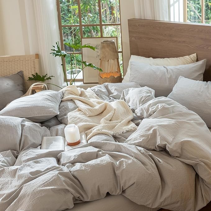 MooMee Wavy Striped Duvet Cover Set 100% Washed Cotton Linen Like Textured Breathable Durable Soft Comfy (Light Grey, Palatial King/Oversized King 120"x98")