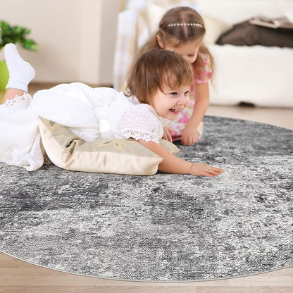4ft Round Area Rug Living Room Rugs - 4x4 Washable Large Soft Indoor Neutral Modern Abstract Low Pile Rug Carpet for Bedroom Dining Room Farmhouse Home Office - Grey