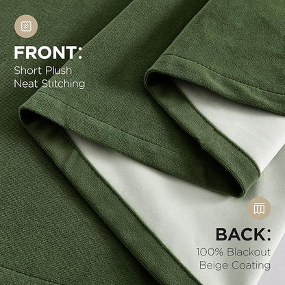 Joydeco Olive Green 100% Blackout Curtains 108 Inch 2 Panels, Luxury Thermal Green Velvet Curtains for Bedroom Living Room, Soundproof Blackout Window Drapes, Rod Pocket & Back Tab (52W x 108L)