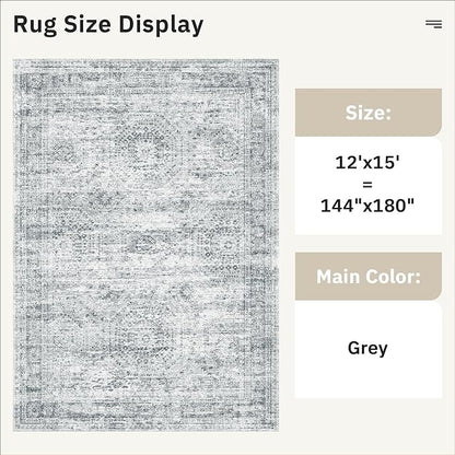 12x15 Washable Area Rug Gray Neutral Abstract Living Room Large Carpet Non Slip Bedroom Indoor Office Dining Room Low Pile Thin Grey Rug